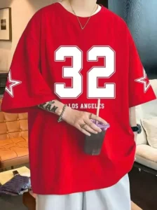 Men's Oversized Number 32 Los Angeles Printed Cotton Drop Shoulder T-Shirt