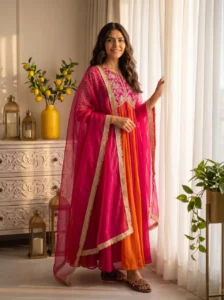 Silk Embroidered Gown Set