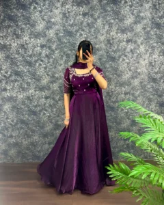 👑💗Luxurious Premium Fendy Satin Embroidery Work Gown With Dupatta👑💗