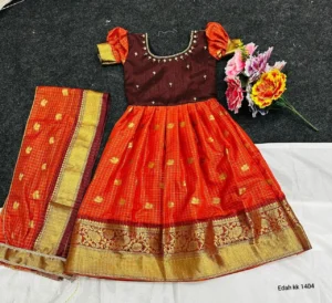 🧡🧡Premium Rust Orange Half Pattu Crepe Silk Gown For Little Princess🧡🧡