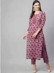 CYFTO Women’s Cotton Kurti Set with Bottomwear – Purple Kurta & Maroon Pants, Three-Quarter Sleeves, Printed Floral, Daily Wear ( default, XXXL )